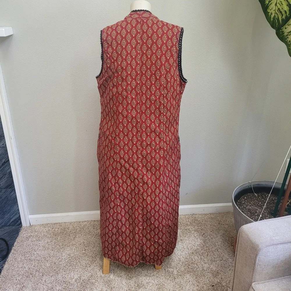 Orvis Long Vest Duster Red Paisley Hippie Boho  Medium Embroidery